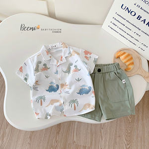 Ensembles de vêtements pour garçons de haute qualité, chemise à manches courtes décontractée, shorts, imprimé dinosaure, toile polyester/coton, mode boutique pour tout-petits - Product Image 4