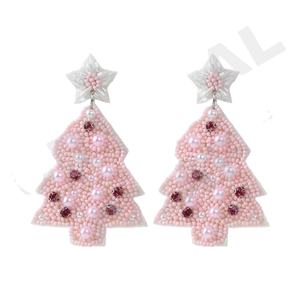 Christmas <b>Tree</b> Pink Beaded Earrings for Women Patriotic Orange White Blue Colour for Wedding or Memorial Day - Product Image 1