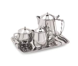 Ensemble théière/caféière en acier inoxydable finition miroir avec plateau de service, service à thé en métal pour poupée - Product Image 3