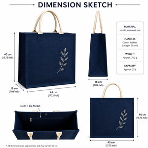 Sac fourre-tout en jute laminé bleu marine 45x18x40 cm avec broderie de feuilles, poignées rembourrées en coton, capacité 32L, poche zippée - Product Image 2