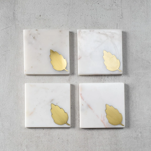 <b>Marble</b> <b>Coaster</b> Brass Leaf Design White Stone <b>Coasters</b> For Table Decoration Mats Non Slip Stone Pads - Product Image 1