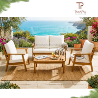 Banc contemporain Monaco 3 places, mobilier d'extérieur écologique, ensemble de canapés en bois d'acacia pour jardin, coussins pliables, hôtels, villas