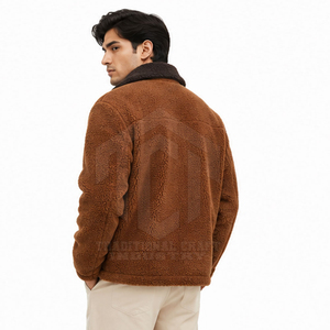 Custom <b>Mens</b> Brown <b>Sherpa</b> <b>Fleece</b> Jacket Faux Shearling Lining 300g Dark Contrast Collar Full Zip Chest Pocket Casual Winter Coat - Product Image 3