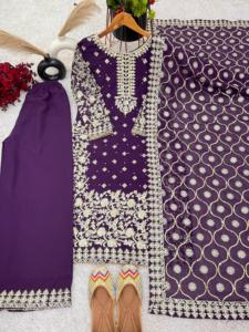 Women's Faux Georgette Embroidered Full Sleeve Straight <b>Kurti</b> with Pant & Dupatta Set - Product Image 1