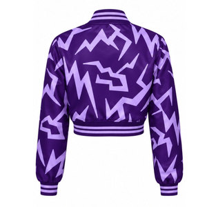 Chaqueta Bomber con Estampado Geométrico Morado para Mujer, Corta, de Manga Larga, Cuello Alto, Cierre de Cremallera, Poliéster, Estilo Otoñal - Product Image 3