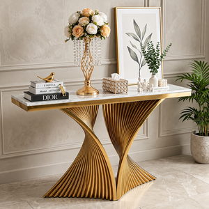 Console élégante en marbre blanc de style mid-century avec cadre en métal doré torsadé, meuble de luxe pour entrée et salon - Product Image 6