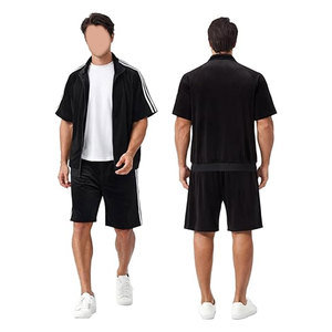 ชุดวอร์มกำมะหยี่ผู้ชายแบบสองชิ้น เสื้อแจ็คเก็ตแขนสั้นแบบซิปเต็มตัวและกางเกงขาสั้น ชุดลำลองใส่สบายสำหรับฤดูร้อน - Product Image 3