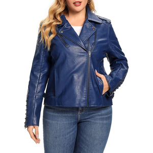 Veste moto en PU bleue pour femme avec rivets et fermeture éclair, coupe ajustée, style motard, pour l'automne et l'hiver - Product Image 1