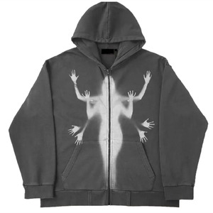 Sweat-shirt à capuche zippé pour homme, noir, imprimé fantôme à poils longs, style décontracté automne, 100% coton tricoté, coupe régulière, logo frontal - Product Image 6