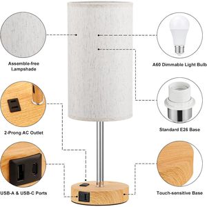 Lampada da Tavolo Touch da 17.4 Pollici con Ricarica USB A+C, Dimmerabile a 3 Livelli, Presa AC, Base Effetto Legno, 17.4 Pollici Media - Product Image 2