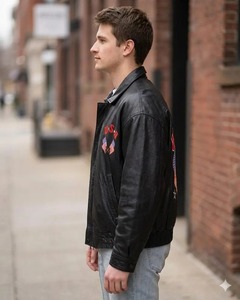 Veste en cuir pour homme avec drapeau américain, veste bomber noire avec patch patriotique, coupe classique, fierté américaine, Journée des Vétérans - Product Image 4