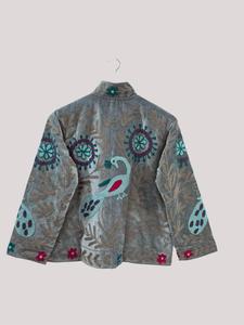 Luxury Artisan Grey <b>Velvet</b> Embroidered <b>Jacket</b> With Floral & Peacock pattern Full Sleeve Stand Collar Bohemian Women Autumn Coat - Product Image 2