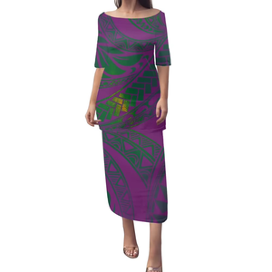 Conjunto de 2 Piezas, Vestido Puletasi Samoano, Estampado Polinesio Tradicional, Vestidos de Sirena con Hombros Descubiertos y Media Manga para Mujer - Product Image 4