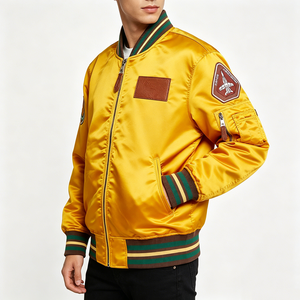 Custom Logo Men's <b>Retro</b> Souvenir Satin Flight Varsity <b>Jacket</b> <b>Leather</b> Chest Patch Striped Cuff Embroidered Letterman Bomber Coat - Product Image 4