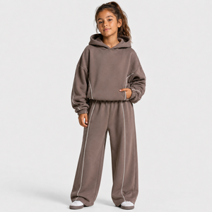 Sudadera con capucha para niña al por mayor, estilo casual oversize, transpirable, con contraste de color moca, de forro polar premium - Product Image 5