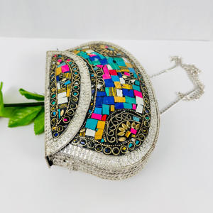 Venta caliente moderno pulido plata Multicolor mosaico étnico Metal bolso de mano hecho a mano antiguo boda Sling Crossbody chapado en oro - Product Image 5