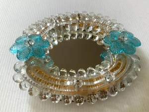 Murano <b>Mirror</b> Blue Flowers Glass <b>Tabletop</b> Perfume Vanity Tray or Wall Hanging Gold Accent Vintage Italy Italian Wood Backing - Product Image 1