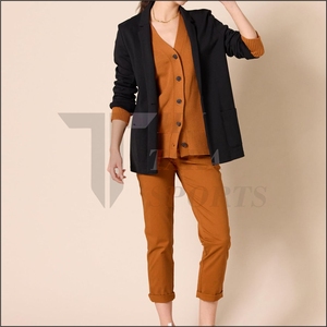 Moda femenina: Superventas de verano, suéter casual de acrílico sólido con cuello en V, manga larga, transpirable, con bolsillo y botones, tejido a máquina. - Product Image 3