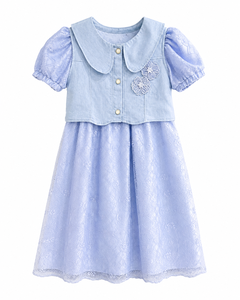 Robe élégante en dentelle bleue pour filles avec col Peter Pan et manches bouffantes |   Robe de fête de princesse de boutique - Product Image 1