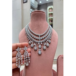 Stunning Premium Quality Brass <b>Silver</b> Plated Trendy Zircon CZ <b>Necklace</b> <b>Set</b> with Earrings Wedding Party Wear Collection Women - Product Image 1
