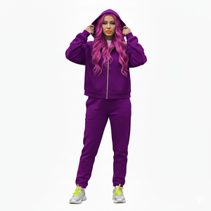 Women's <b>Purple</b> Hooded Tracksuit Full Length Solid Color Casual Wear With Side Pockets Zipper Fly Regular Fit Autumn Style - Product Image 1