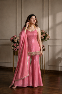 Ensemble Salwar Kameez Punjabi brodé rose avec dupatta à motifs miroir, tenue ethnique indienne traditionnelle - Product Image 5