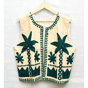 Chaleco de pana de algodón para mujer, sin mangas, verde con estampado floral, estilo casual, transpirable, ecológico, cuello en V, tejido abierto con botones - Product Image 1