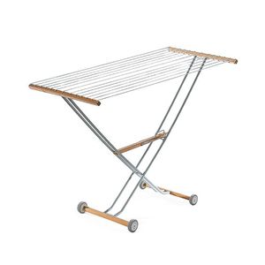 Tendedero de ropa de metal y madera de último diseño con ruedas, tendedero móvil portátil para interiores, personalización disponible. - Product Image 1