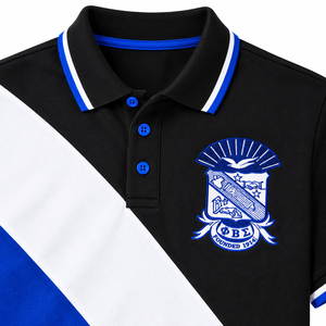เสื้อโปโลชายสีบล็อก แบรนด์ Phi Beta Sigma สีน้ำเงินกรมท่า ดำ ขาว แขนสั้น ปักลายตราสัญลักษณ์ ชุดลำลองสำหรับสมาคมนักศึกษา - Product Image 6