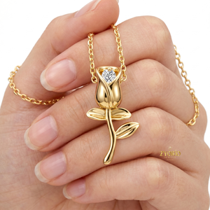 18K Yellow Gold Link Chain Pendant Necklace Radiant Cut Lab Diamond Rose Flower Design Trendy Women's Engagement Anniversary - Product Image 1