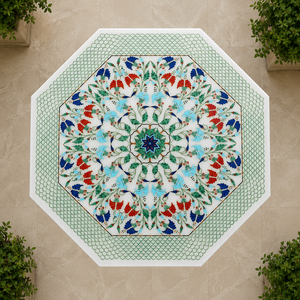 Mesa de Centro Octogonal de Mármol con Incrustaciones Art Deco, Hecha a Mano y Ecológica, con Mosaico Floral Pietra Dura, Superficie de Mármol Blanco para Oficina - Product Image 2