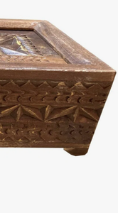 Boîte de rangement en bois de manguier massif sculpté, finition vieillie antique, avec couvercle à charnières, vente en gros - Product Image 4