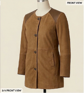 Women's Brown Suede <b>Leather</b> Coat Slim Fit Premium <b>Jacket</b> Heated Solid Button Closure Elegant Winter Wear Soft Suede Long Stylish - Product Image 3