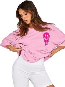 T-shirt rose surdimensionné pour femme, imprimé Smiley de dessin animé, coupe ample, manches courtes, col rond, jersey de coton, haut printemps-été - Product Image 6