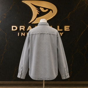 Mineral Wash Jean Utility <b>Jacket</b> Slouchy Hip Hop Urbanwear Over Shirt With Studded Shoulder Flap Pockets - Product Image 2