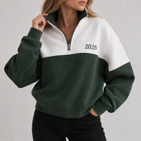 Sweat-shirt personnalisé pour femme, coupe oversize et courte, col demi-zip, avec empiècements color block et broderie, style vintage décontracté