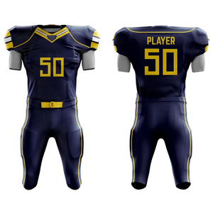 Ensemble d'uniformes de football américain en gros pour hommes, bleu marine et jaune, 50 maillots sublimés à manches courtes ajustés et pantalons anti-humidité - Product Image 1