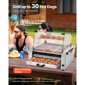 Macchina per hot dog in acciaio inox con 30 rulli, 1950W, grill per salsicce, scaldapane e copertura, attrezzatura per mantenere caldi 3 hot dog - Product Image 1