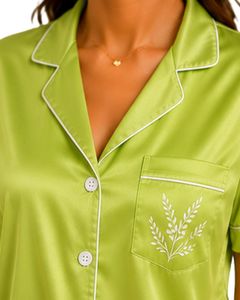 Manufacturer Custom Lime <b>Green</b> Satin Pajama Set Women <b>Silk</b> Sleepwear Soft Short Sleeve Embroidered Lounge Nightwear Outfit Set - Product Image 5