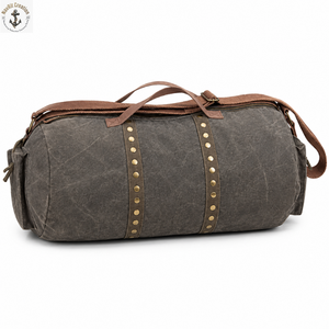 <b>Charcoal</b> Grey Canvas Duffel <b>Bag</b> with Rivet Detail Straps | Vintage Barrel Weekender Holdall with Brown Handles and Zip Fastener - Product Image 1