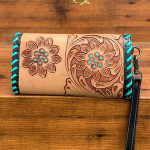 Étui de téléphone d'embrayage de portefeuille de sculpture usiné à la main de l'Ouest avec bordure de couleur turquoise Portefeuille en cuir occidental élégant à usages multiples - Product Image 3
