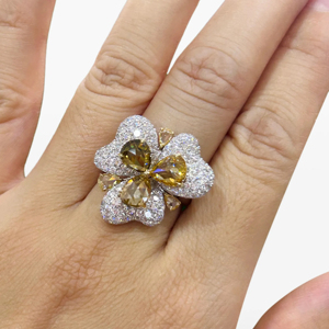 Flower Shape <b>Cocktail</b> <b>Ring</b> With Pear Cut Yellow Diamond 18K Solid <b>Gold</b> Women's Luxury Fine Jewelry - Product Image 3