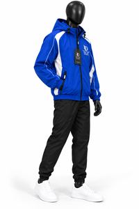 Veste coupe-vent à capuche bleue pour homme avec rayures blanches, fermeture éclair, style sportif, respirante, en polyester, pour l'hiver - Product Image 6