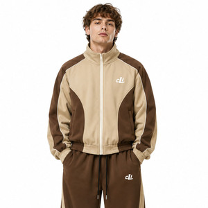 Ensemble de survêtement de luxe en molleton épais French Terry, comprenant une veste zippée à col montant et blocs de couleur style raglan, un sweat à capuche oversize et un pantalon à jambes larges, personnalisable. - Product Image 2
