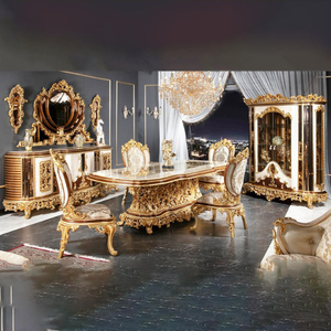 Ensemble de table à manger de style baroque de luxe, en acajou, sculpté à la main, finition dorée, antique, 6 places, personnalisation des meubles - Product Image 1