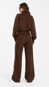 Wholesale Custom Premium Athleisure Set Stand Collar Zip <b>Jacket</b> Hoodies Contrast Piping Fleece Tracksuit Relaxed Fit Trousers - Product Image 2
