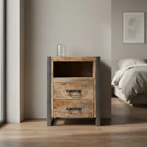 Mesa de Noche Industrial de Madera Rústica con Dos Cajones, Estante Abierto y Estructura de Hierro Negro - Product Image 4