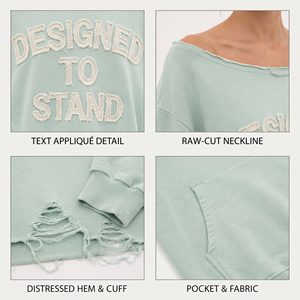 Customized Off Shoulder <b>Distressed</b> Hem Sweatshirt Women's Oversized French Terry Sweatshirt <b>Distressed</b> Embroidered Fleece <b>Top</b> - Product Image 6