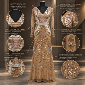 Dramatic Embellished Evening Gown Deep V Neck Sheer Full Sleeves | Geometric Beadwork Narrow Waist Floor Length Chic Party <b>Dress</b> - Product Image 5