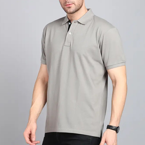Polo en piqué de coton gris à manches courtes pour homme, couleur unie, décontracté, respirant, tricoté, coupe classique - Product Image 4